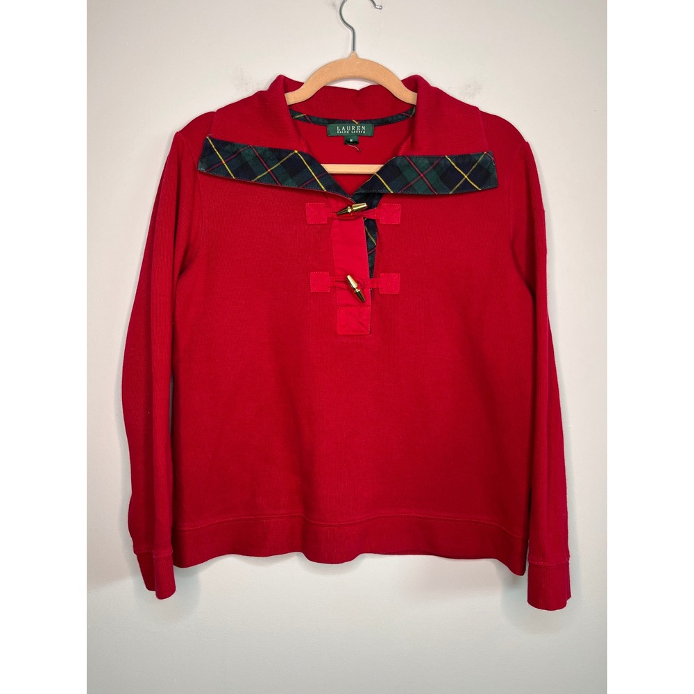 Lauren Ralph Lauren Christmas Red Plaid Gold Logo Crest Toggle Prep Sweater M